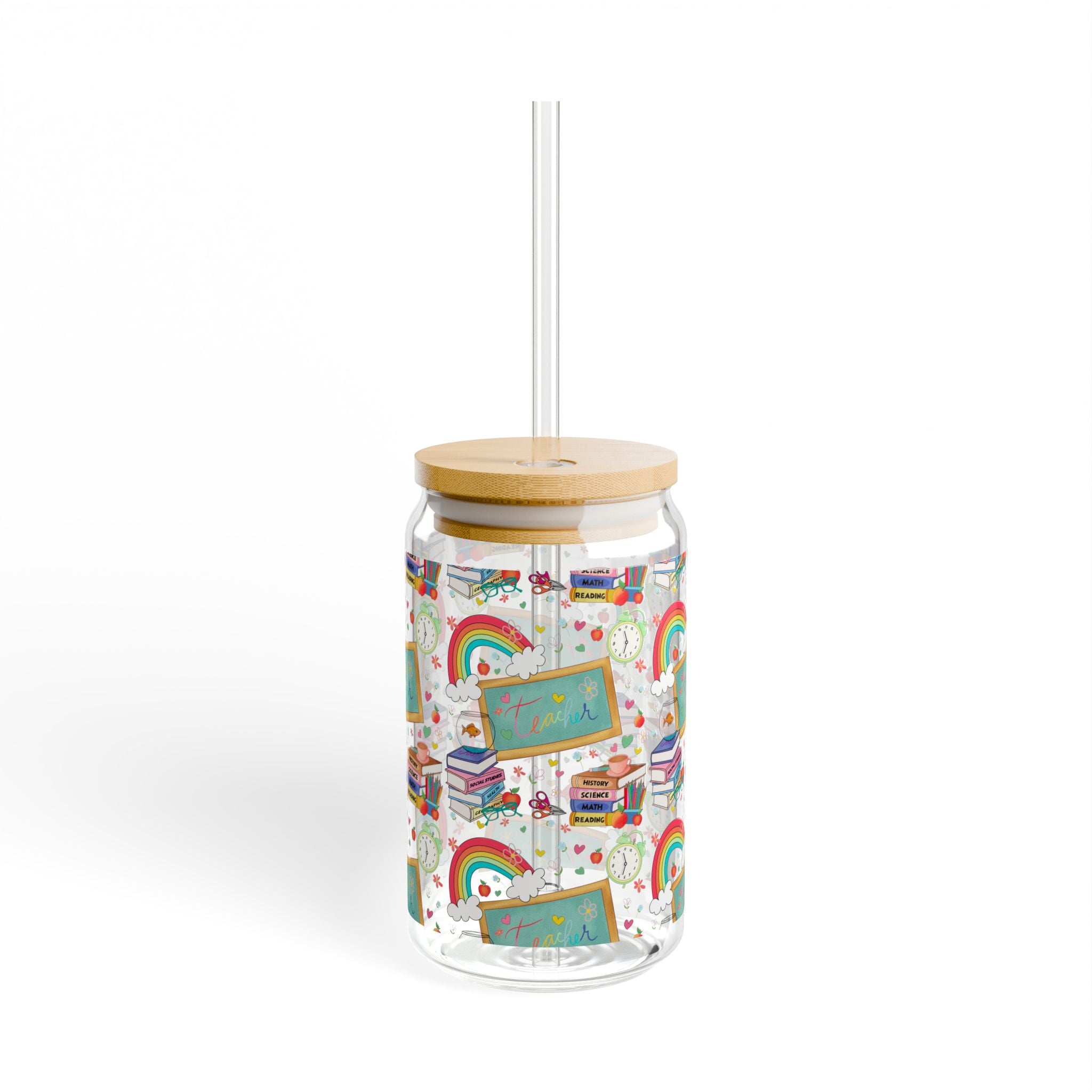 Colorful Rainbow Sipper Glass, 16oz | Fun Drinking Jar, Summer Drinkware, Kids' Party Favor, Gift for Eco-Friendly Living, Rainbow Decor