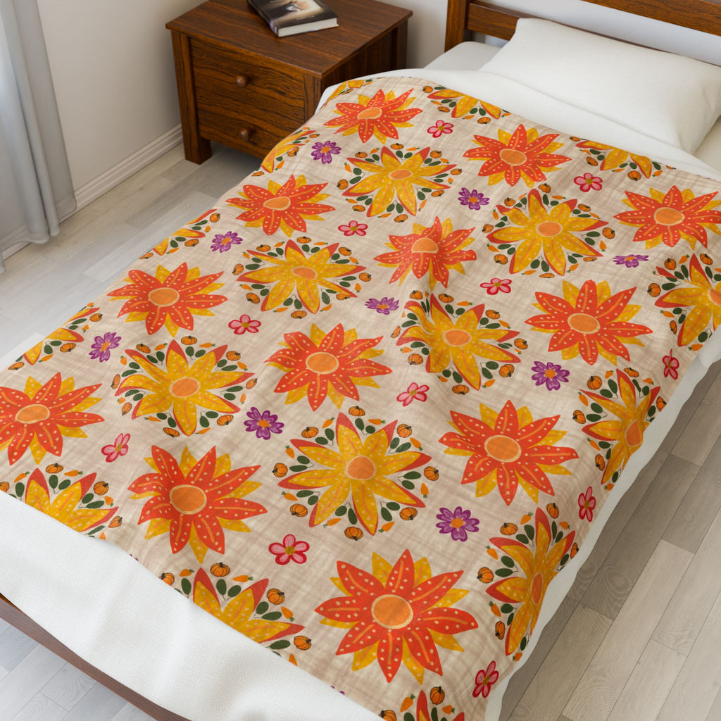 Vibrant Floral Velveteen Plush Blanket, Cozy Throw, Home Decor, Gift for Her, Spring Decor, Soft Blanket for All Occasions