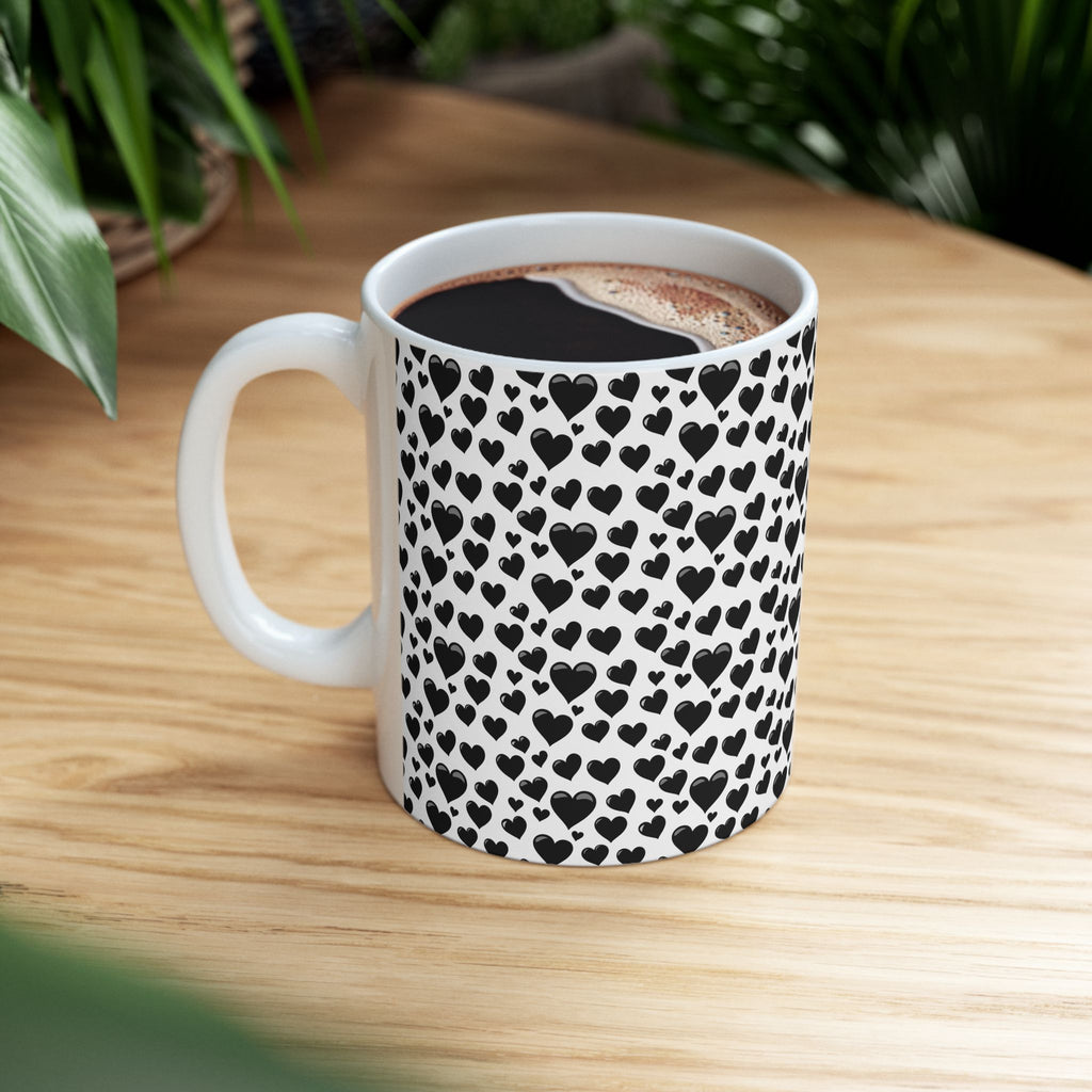 Chic Heart Pattern Ceramic Mug | Black Hearts, Gift for Her, Coffee Lovers Mug, Valentine's Day, Birthday Gift