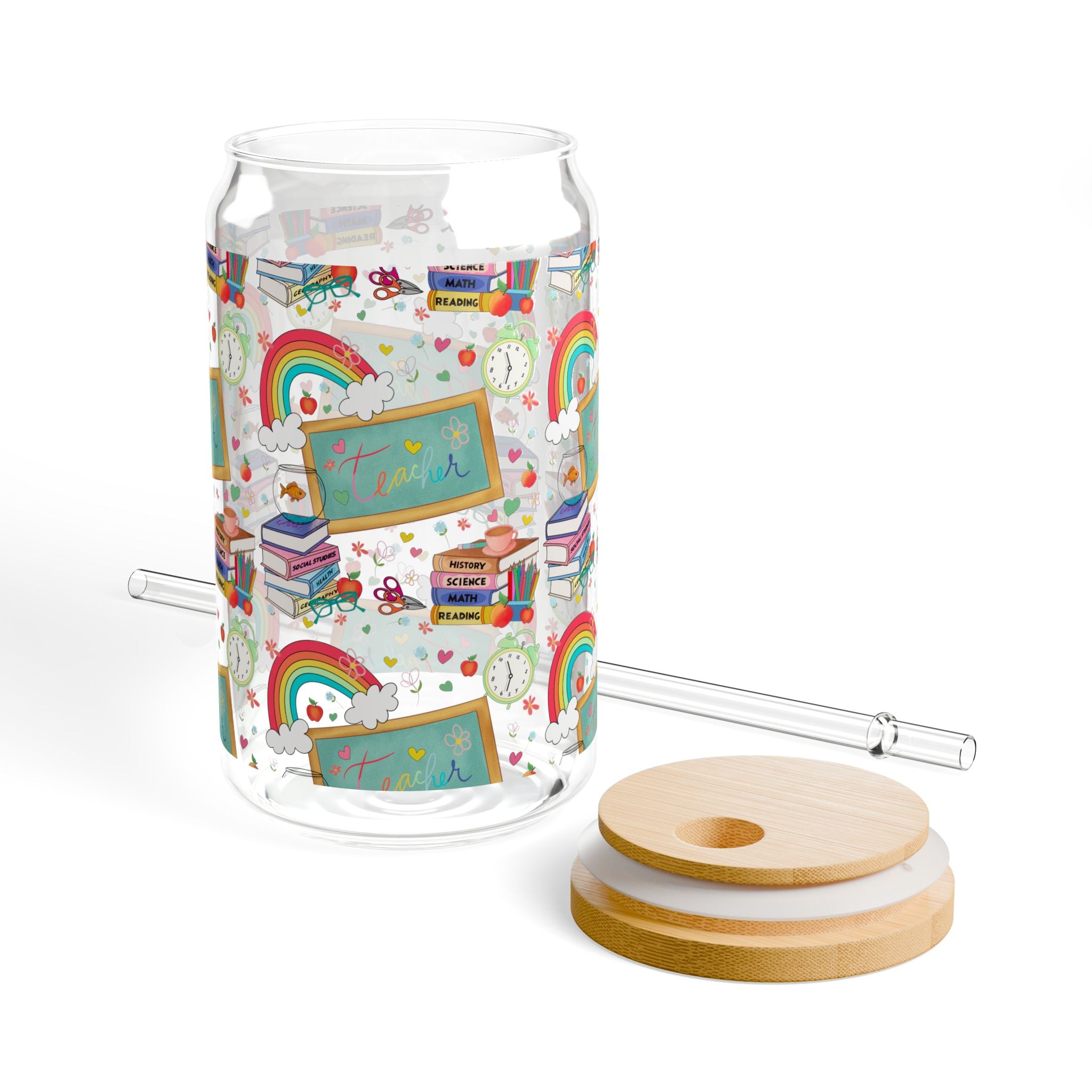 Colorful Rainbow Sipper Glass, 16oz | Fun Drinking Jar, Summer Drinkware, Kids' Party Favor, Gift for Eco-Friendly Living, Rainbow Decor