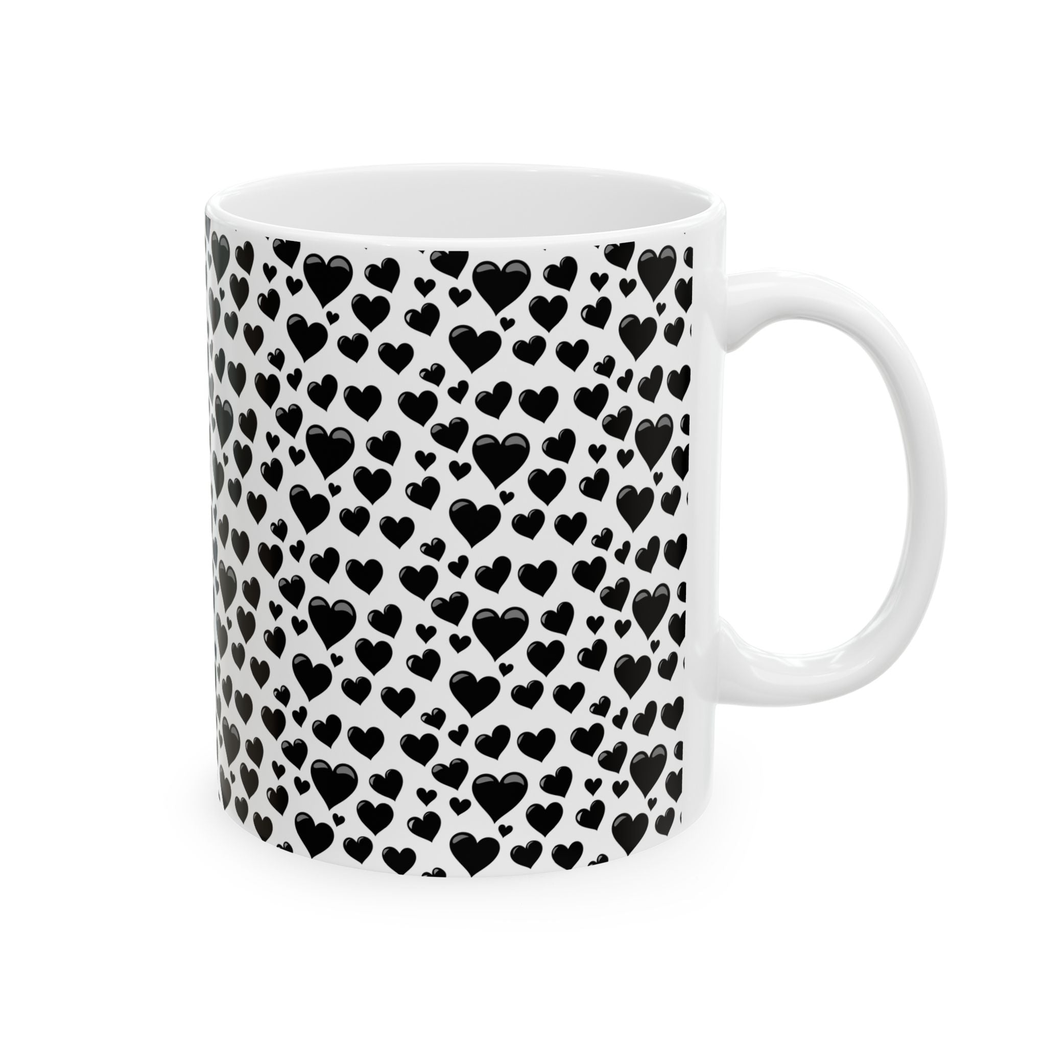 Chic Heart Pattern Ceramic Mug | Black Hearts, Gift for Her, Coffee Lovers Mug, Valentine's Day, Birthday Gift