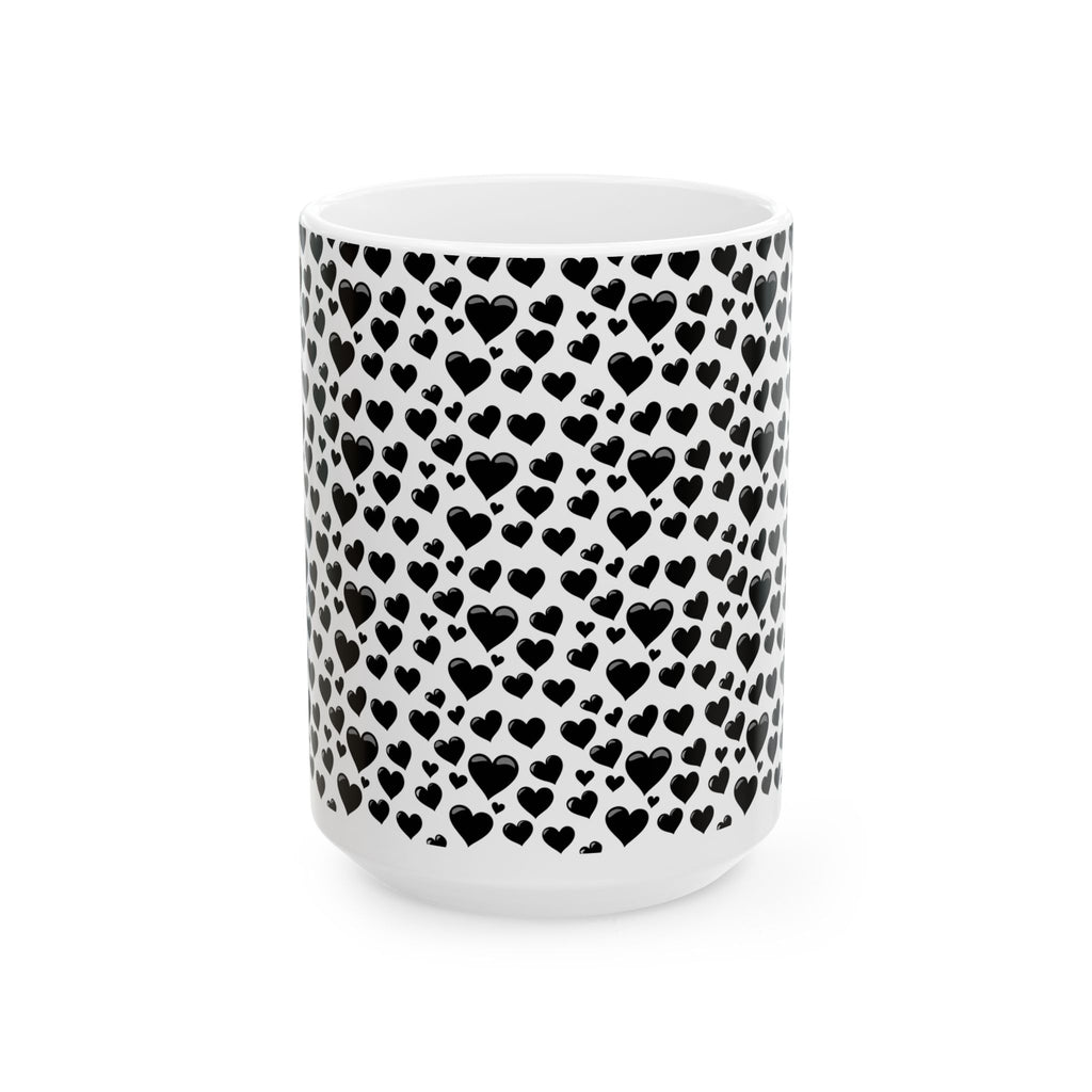Chic Heart Pattern Ceramic Mug | Black Hearts, Gift for Her, Coffee Lovers Mug, Valentine's Day, Birthday Gift