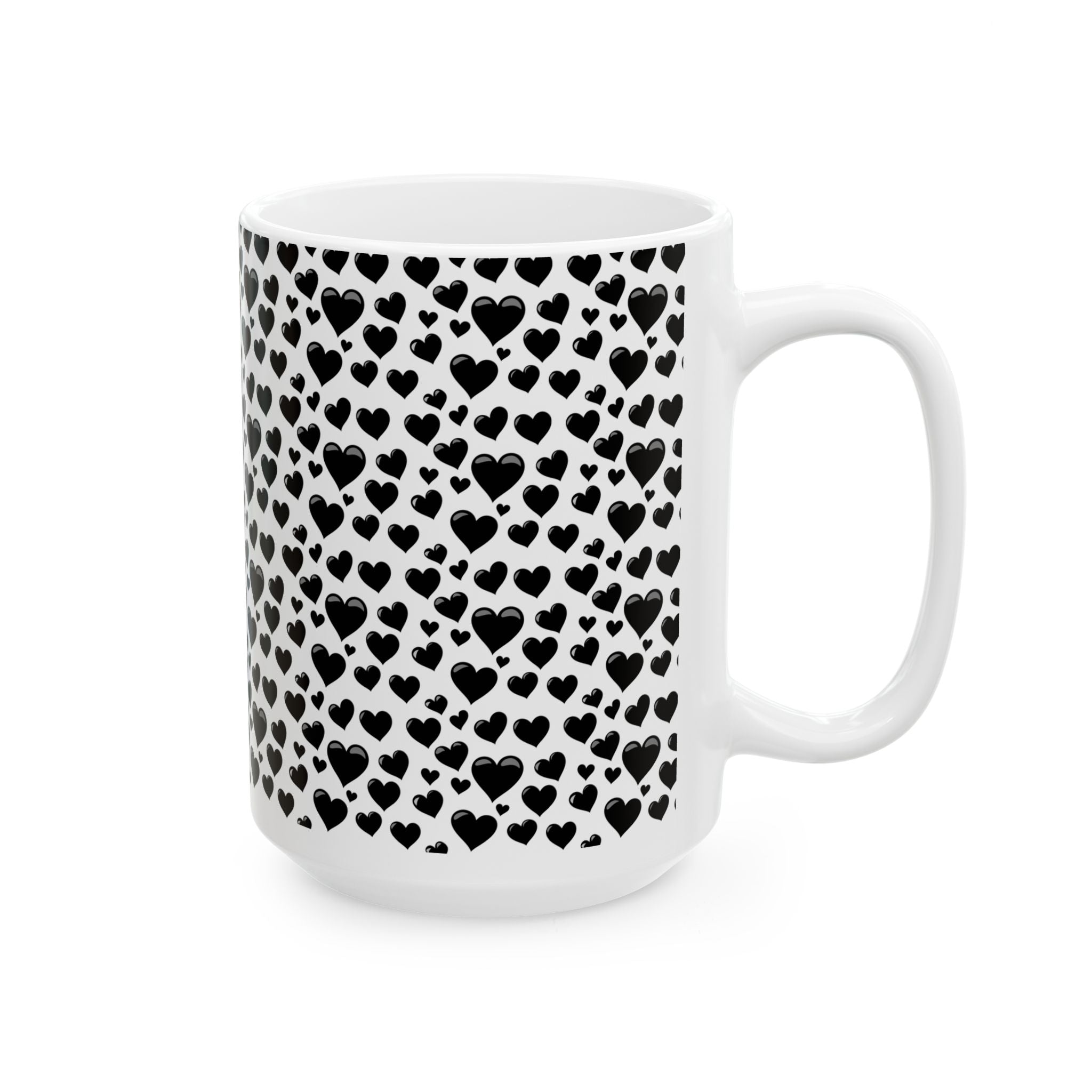 Chic Heart Pattern Ceramic Mug | Black Hearts, Gift for Her, Coffee Lovers Mug, Valentine's Day, Birthday Gift